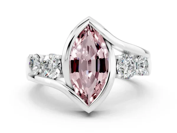Bezel Set Marquise Cut Morganite Bypass Ring with Round Accents Platinum
