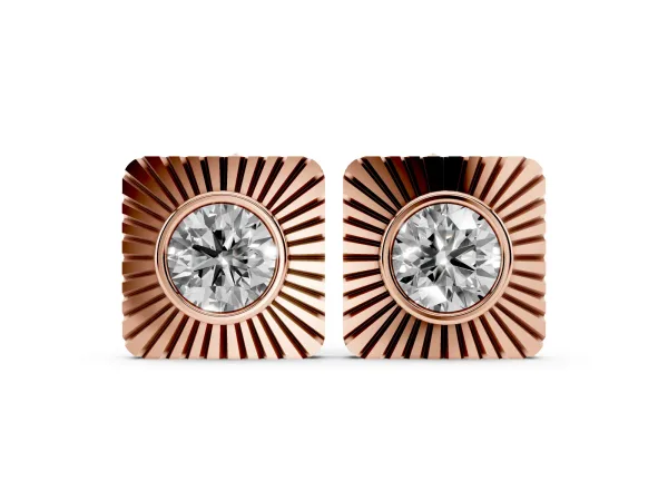 Round Diamond Sunburst Square Stud Earrings Rose gold