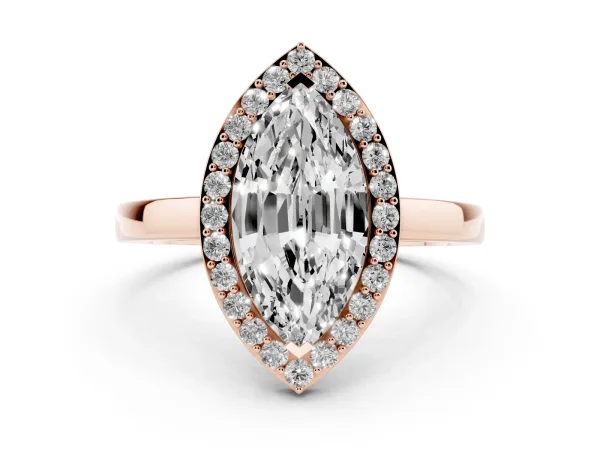 Marquise Cut Halo Diamond Ring with Solitaire Band and Prong Setting Rose gold