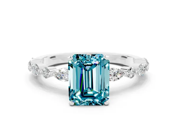 Emerald Cut Blue Topaz Ring with Marquise and Round Side Stones and Four-Prong Setting White gold