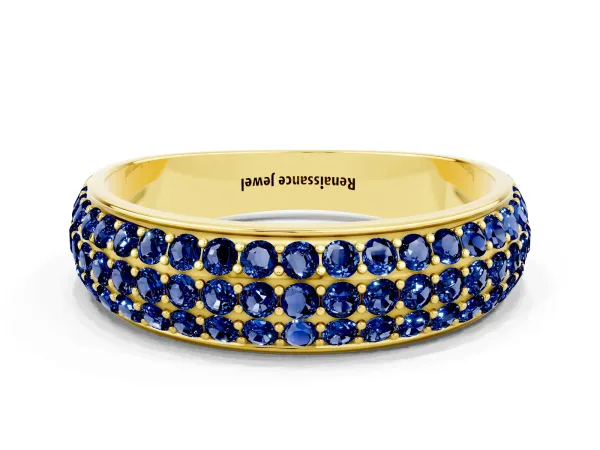 Three-Row Round Blue Sapphire Eternity Band with Shared Prong Setting Yellow gold