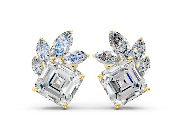 Asscher and Marquise Diamond Cluster Stud Earrings Yellow gold