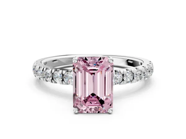 Fancy Pink Emerald Cut Diamond Pave Band Solitaire Ring with Round and Prong Setting White gold