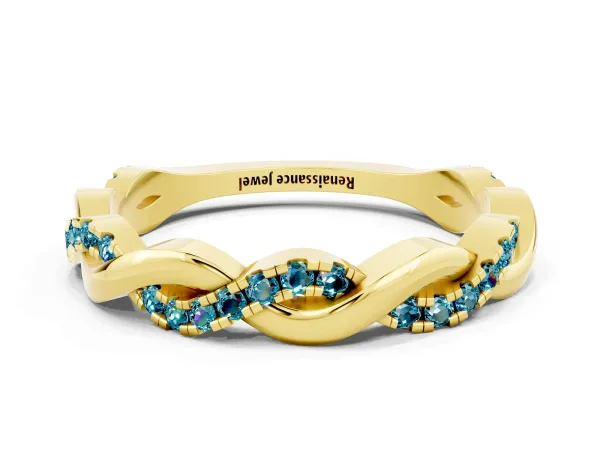Round Blue Topaz Twist Eternity Band with Pavé Setting Yellow gold