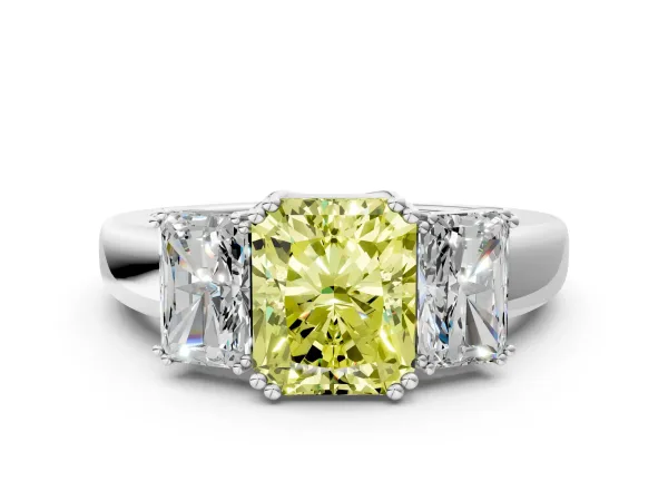Fancy Yellow Three-Stone Radiant Cut Cut Diamond Ring with Channel Set Band and Four-Prong Setting White gold