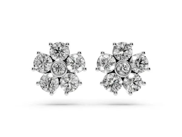 Round Diamond Flower Stud Earrings with Diamond Accent Platinum