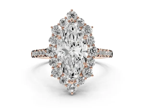 Marquise Cut Halo Diamond Ring with Pavé Band and Prong Setting Rose gold
