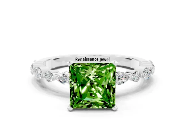 Princess Cut Peridot Ring with Marquise and Round Side Stones and Four-Prong Setting Platinum