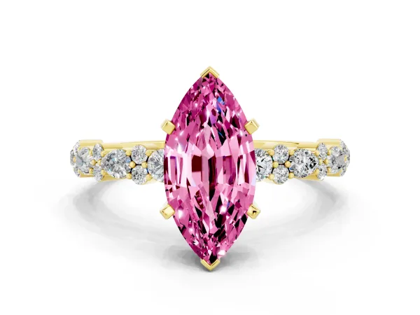Marquise Cut Pink Sapphire Side Stone Solitaire Ring with Round and Four-Prong Setting Yellow gold