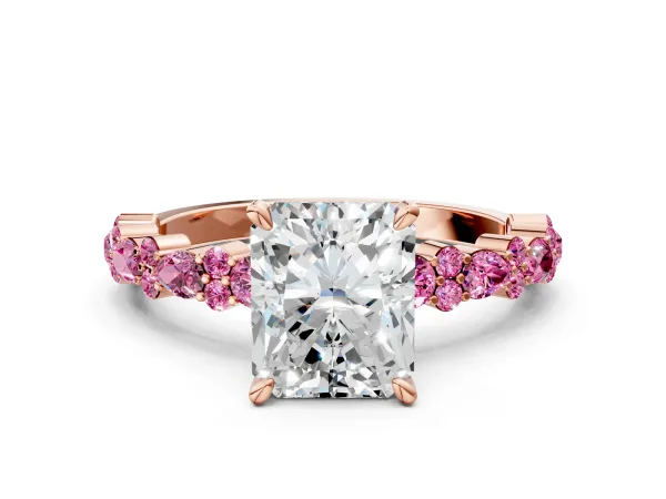 Radiant Cut Diamond Side Stone Solitaire Ring with Round Pink Sapphire and Four-Prong Setting Rose gold