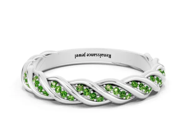 Twisted Pavé Round Peridot Eternity Band with Shared Prong Setting Platinum
