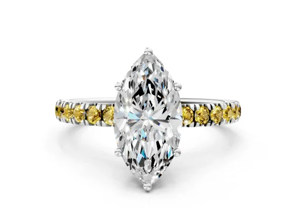 Marquise Cut Diamond Pave Band Solitaire Ring with Round Yellow Sapphire and Prong Setting White gold