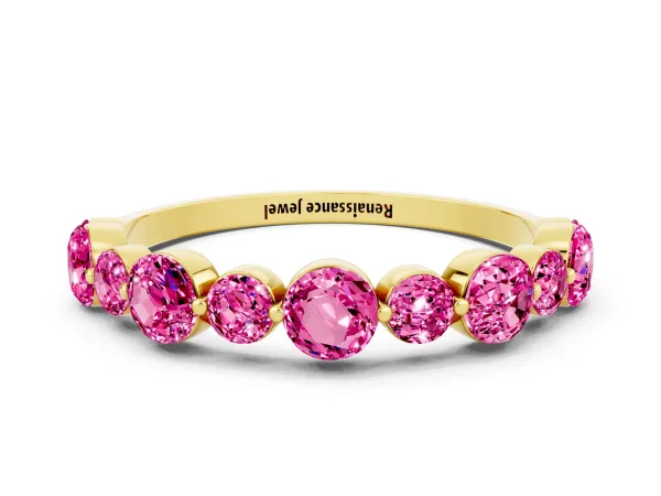 Round Pink Sapphire Scalloped Prong Set Eternity Band Yellow gold