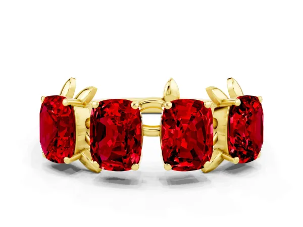 Four-Stone Elongated Cushion Ruby Band with Nature-Inspired Prong Setting Yellow gold