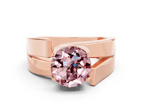 Modern Tension Set Round Cut Morganite Solitaire Wide Band Ring Rose gold