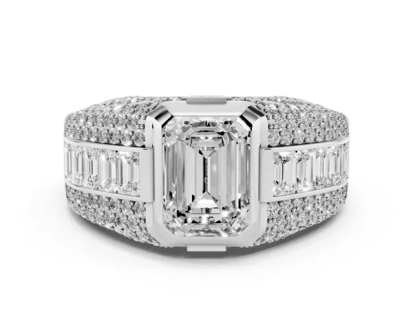 Emerald Cut Diamond Mens Ring with Side Stones White gold