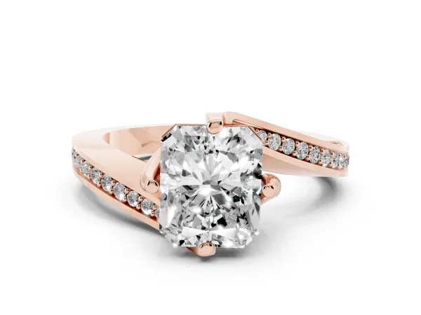 Radiant Cut Solitaire Diamond Twist Band with Pavé Setting and Four-Prong Setting Rose gold