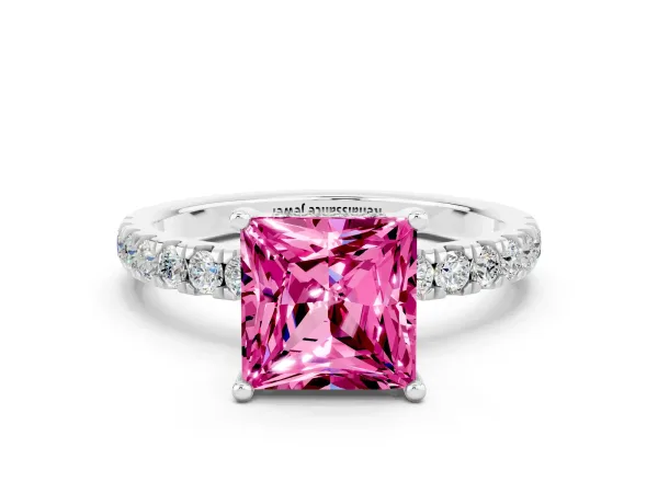 Princess Cut Pink Sapphire Pave Band Solitaire Ring with Round and Prong Setting Platinum