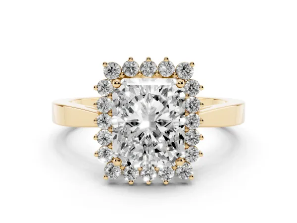 Radiant Cut Cut Diamond Halo Ring with Round Brilliant Halo and Solitaire Band Yellow gold