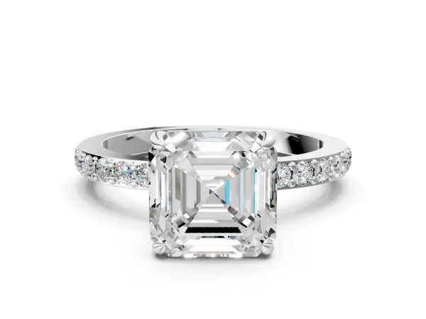 Asscher Cut Diamond Solitaire Engagement Ring with Pavé Band and Four-Prong Setting White gold