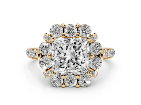 Princess Cut Cut Diamond Floral Halo Engagement Ring with Pavé Band and Four-Prong Setting Yellow gold