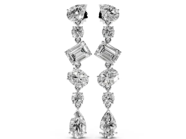 Pear, Oval, Emerald and Round Diamond Waterfall Drop Earrings White gold