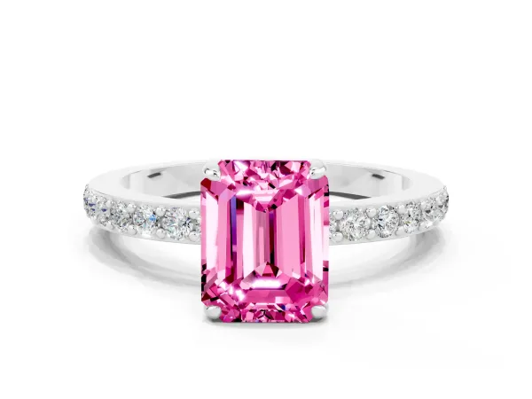 Emerald Cut Pink Sapphire Solitaire Engagement Ring with Pavé Band and Four-Prong Setting Platinum