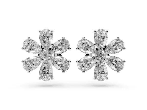 Pear Cut Diamond Floral Cluster Stud Earrings Platinum