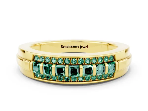 Bar-Set Princess Cut Green Sapphire Pavé Band Yellow gold