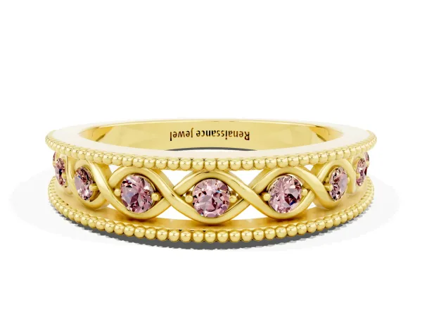 Round Morganite Twist Milgrain Band with Bezel Setting Yellow gold