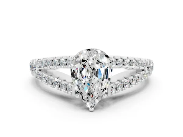 Pear Cut Moissanite Split Shank Engagement Ring with Round Pavé and Prong Setting Platinum