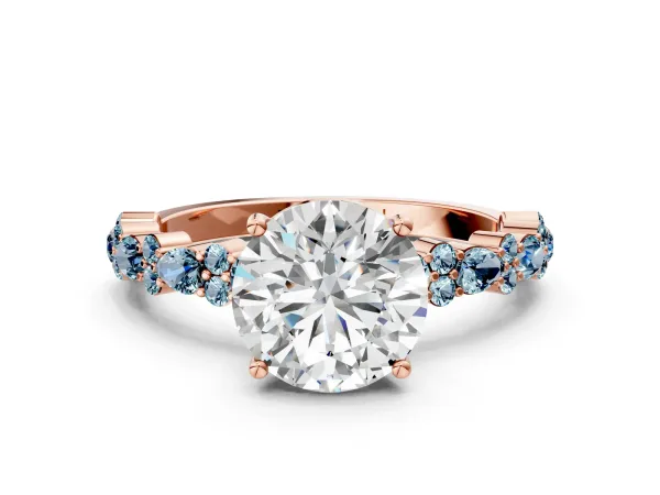 Round Cut Diamond Side Stone Solitaire Ring with Round Aquamarine and Four-Prong Setting Rose gold