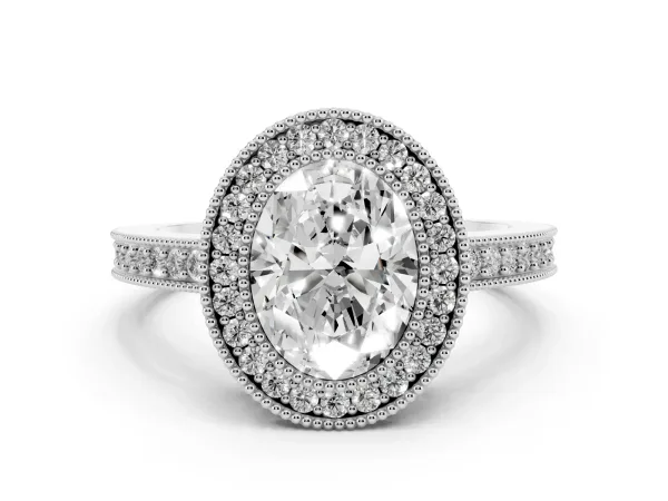 Oval Cut-Cut Halo Diamond Ring with Pavé Band and Milgrain Prong Setting White gold