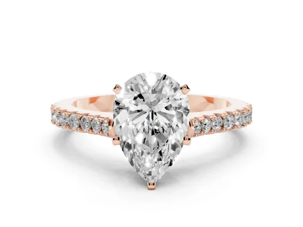 Pear Cut Cut Solitaire Diamond Engagement Ring with Pave Band and Four-Prong Setting Rose gold