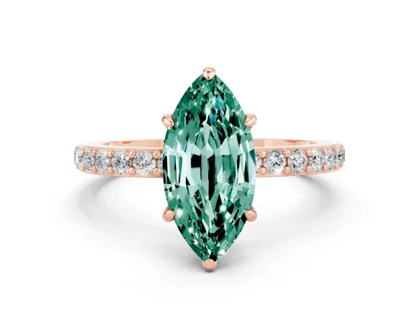 Marquise Cut Green Sapphire Solitaire Engagement Ring with Pavé Band and Four-Prong Setting Rose gold