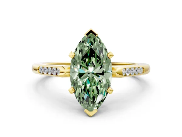 Fancy Green Marquise Cut Diamond Solitaire Ring with Channel Set Round Band and Prong Setting Yellow gold