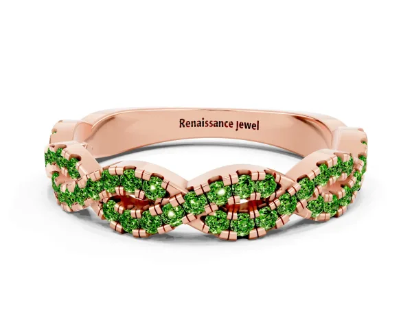 Round Peridot Twisted Eternity Band with Pavé and Shared Prong Setting Rose gold