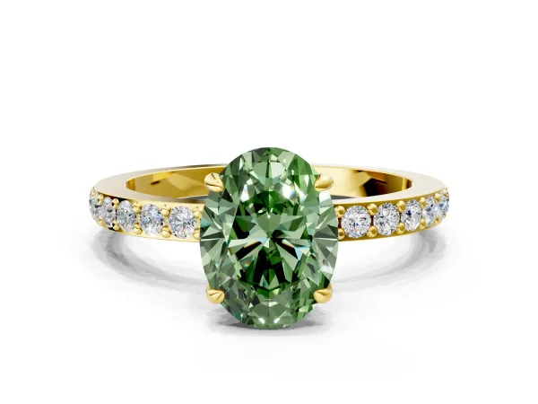 Fancy Green Oval Cut Diamond Solitaire Engagement Ring with Pavé Band and Four-Prong Setting Yellow gold