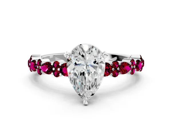 Pear Cut Diamond Side Stone Solitaire Ring with Round Garnet and Four-Prong Setting White gold