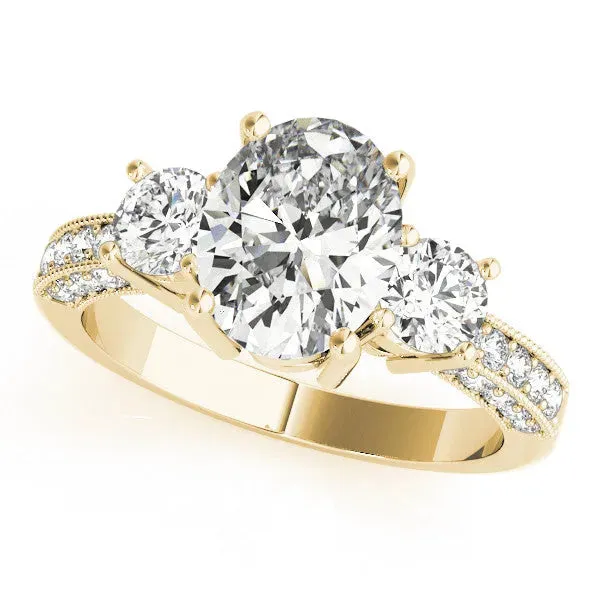 Heart Cut Three-Stone Diamond Ring with Pavé Band and Four-Prong Setting Yellow gold