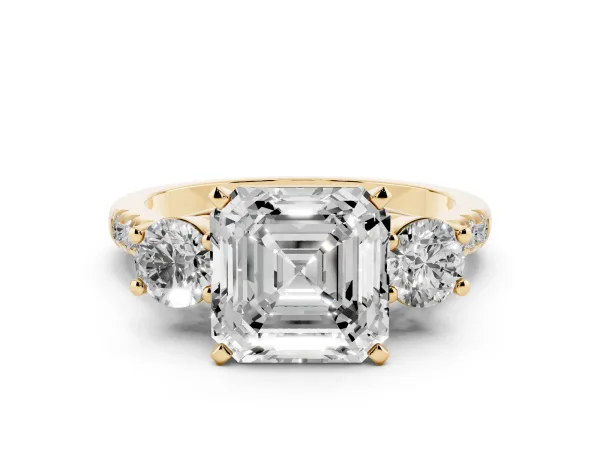 Three-Stone Asscher Cut Diamond Pavé Band with Four-Prong Setting Yellow gold