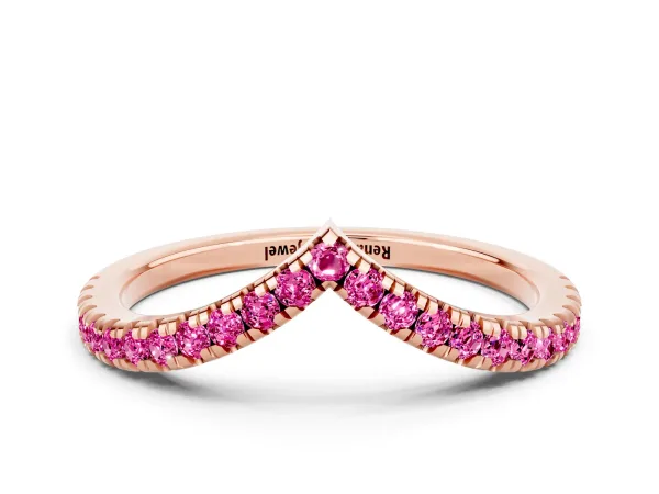 Pavé Round Pink Sapphire V-Shaped Chevron Band with Shared Prong Setting Rose gold