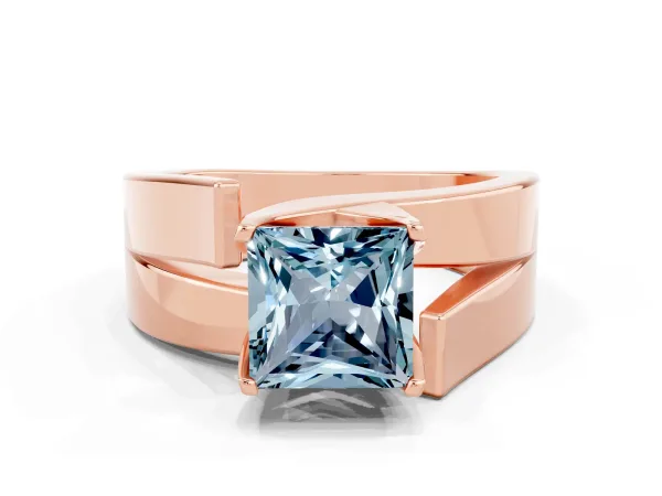 Modern Tension Set Princess Cut Aquamarine Solitaire Wide Band Ring Rose gold