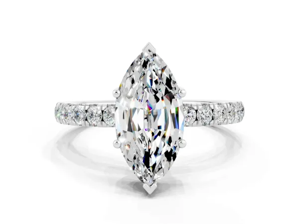 Marquise Cut Moissanite Pave Band Solitaire Ring with Round and Prong Setting White gold