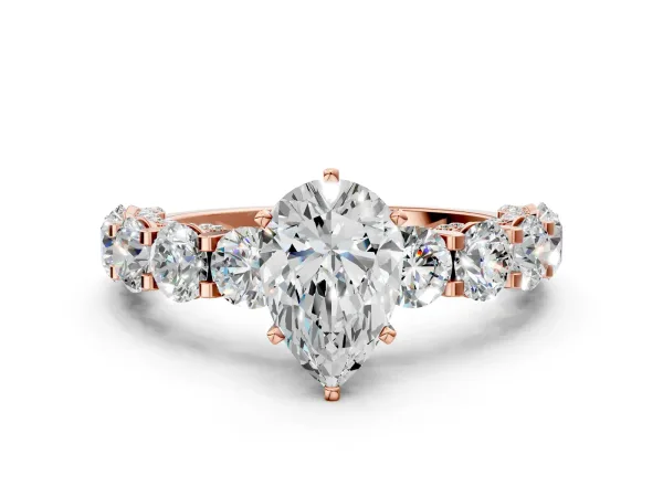 Pear Cut Diamond Side Stone Engagement Ring with Four-Prong Setting Rose gold