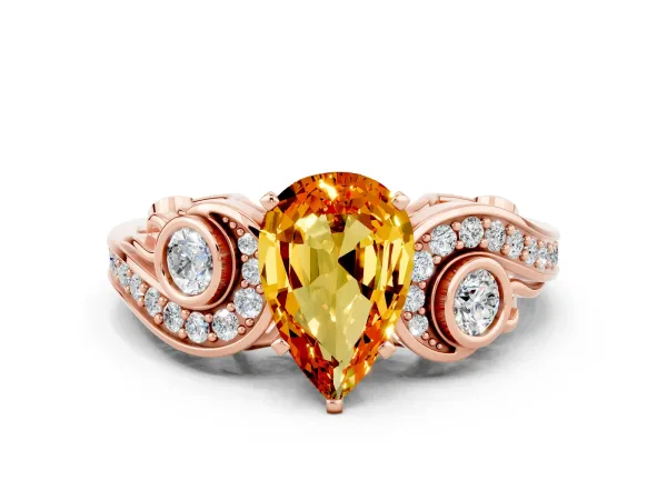 Pear Cut Citrine Solitaire Ring with Milgrain Pavé Band and Four-Prong Setting Rose gold