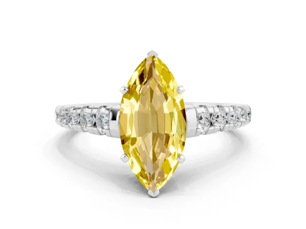 Marquise Cut Yellow Sapphire Cathedral Solitaire Ring with Round Pavé Band White gold