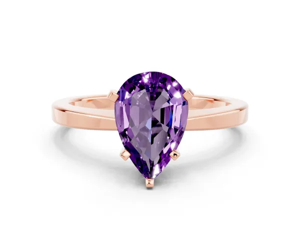 Pear Cut Amethyst Solitaire Engagement Ring with Classic Band and Four-Prong Setting Rose gold