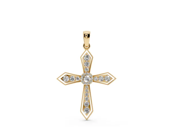 Round Diamond Milgrain Cross Pendant with Bezel Setting Yellow gold