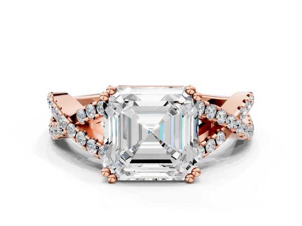 Rose gold Asscher Solitaire Twist Band with Pavé Setting and Four-Prong Setting